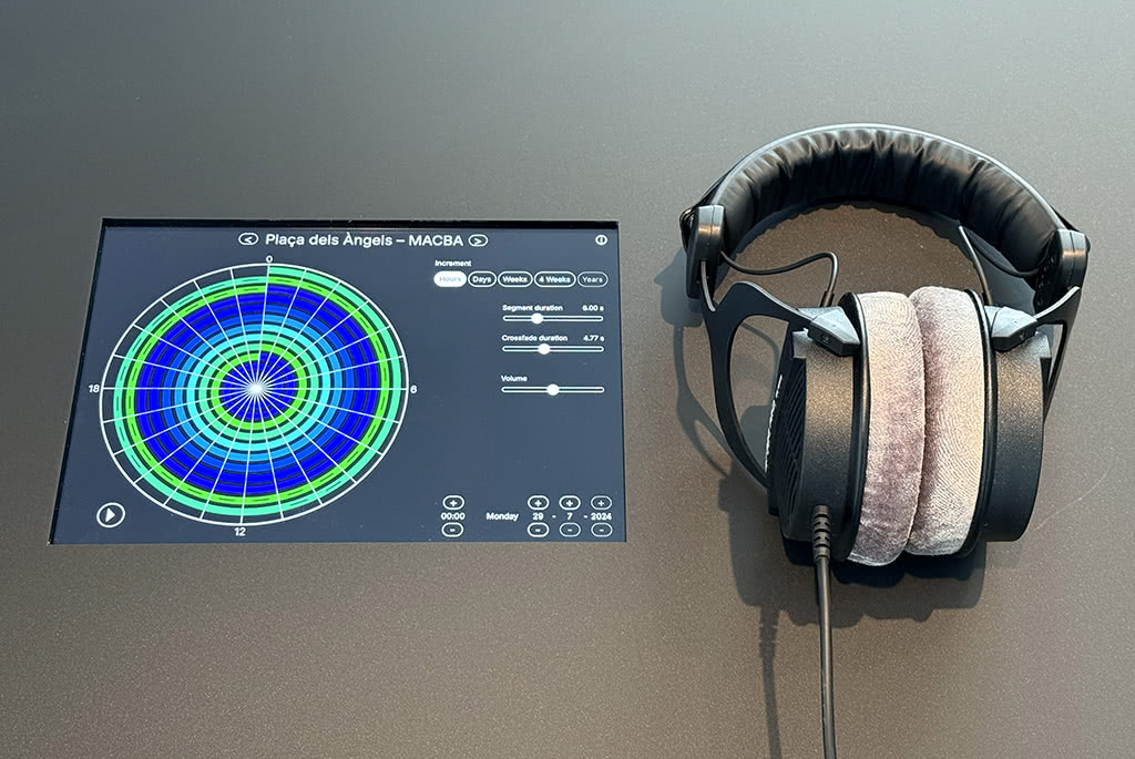 Close-up of the spiral-based interface, part of Spiral of Time by Edwin van der Heide in the exhibition at MACBA