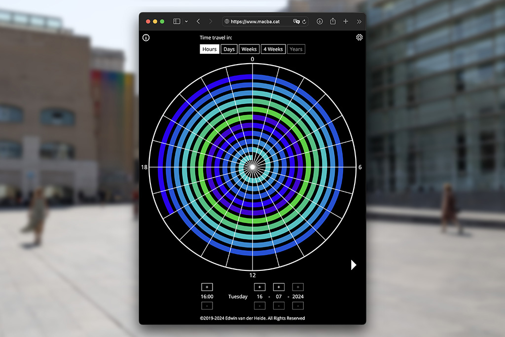 The interface of the artwork Spiral of Time by Edwin van der Heide with the Plaça dels Àngels in the background